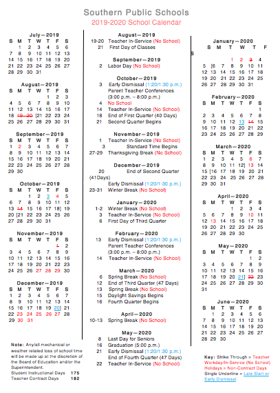 Southern Schools 19 District Calendar